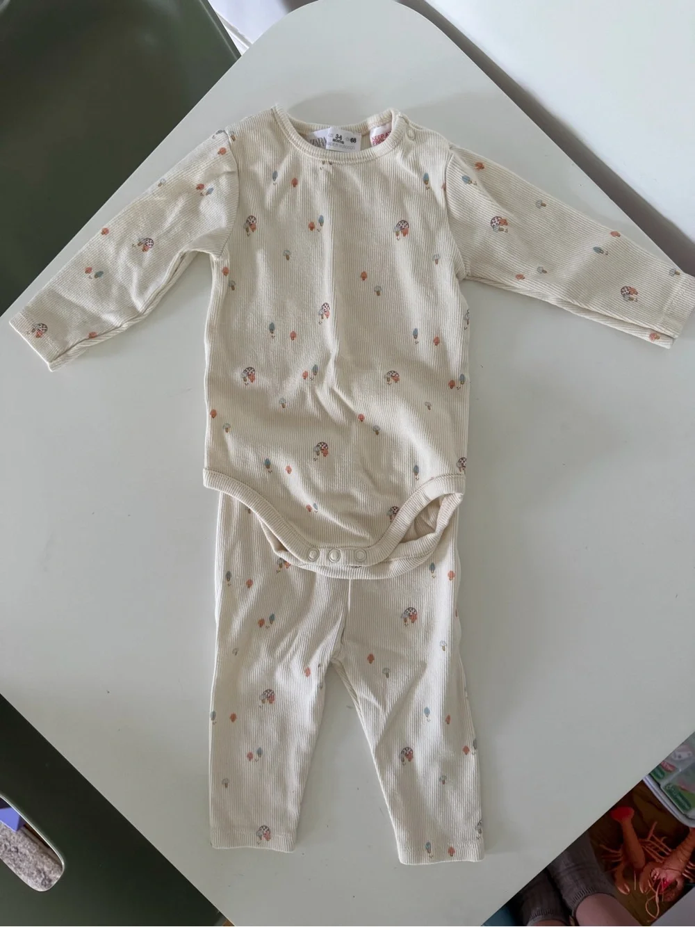 Zara Cream Ribbed Long-Sleeve Baby Bodysuit and Pants Set with Mushroom Design